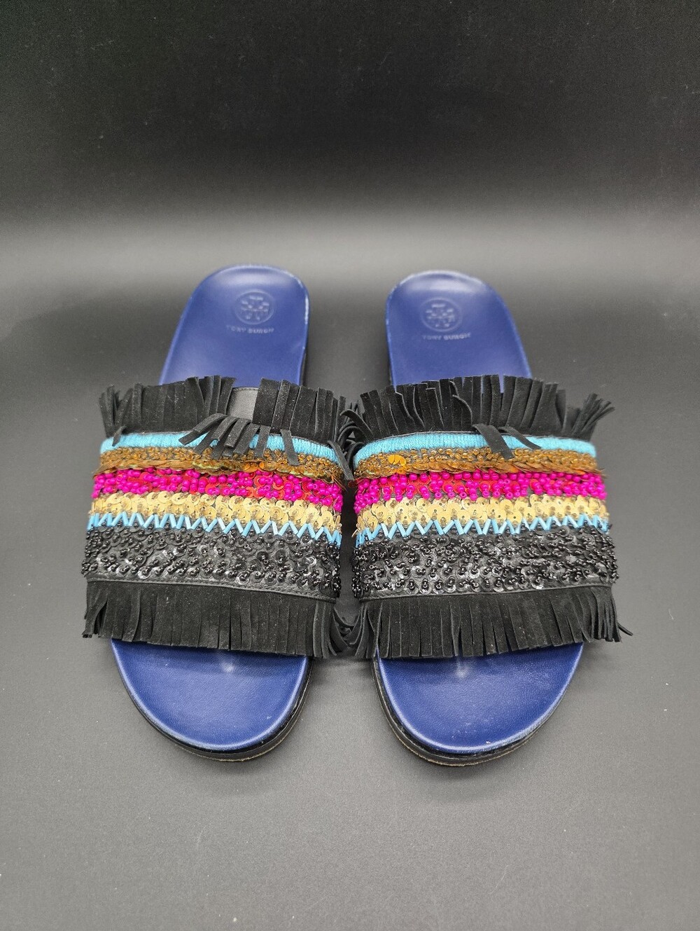 Tory Burch Blue Slide Sandals with Multicolor Embellished Strap Sz 11